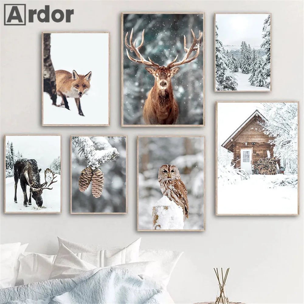 Wall decoration fox owl deer forest winter snow - view 2