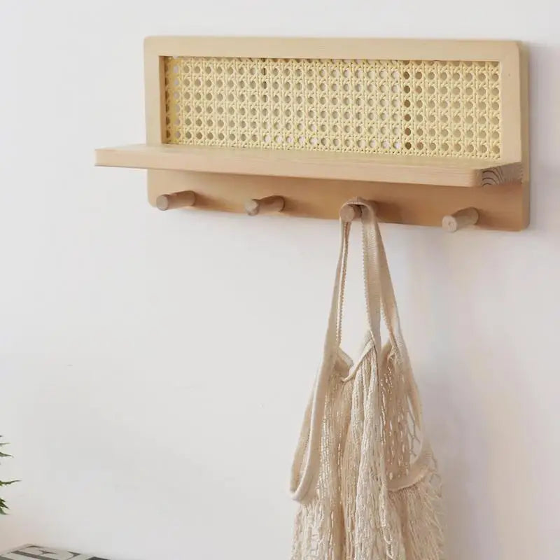 Wall shelf in rattan and wood with rustic and bohemian hooks