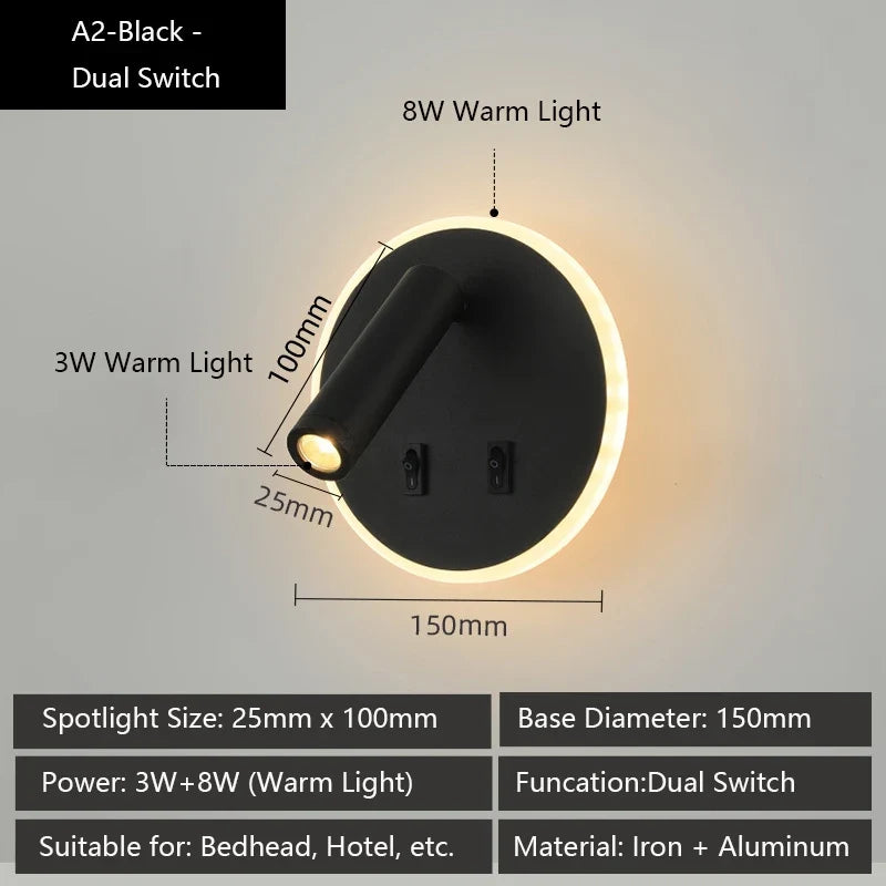 Modern led wall sconce with usb ports and adjustable reading lamps - A2 / Warm White (2700-3500K) / LED 3W and 8W