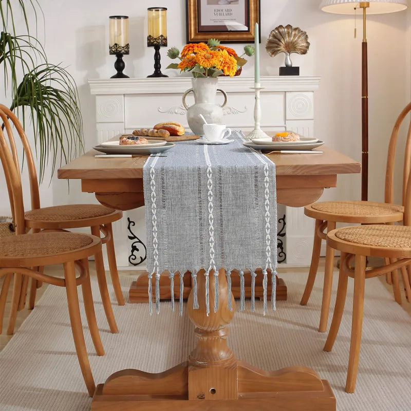 Rustic bohemian table runner braided fringe stripes - 35X120cm 1pc
