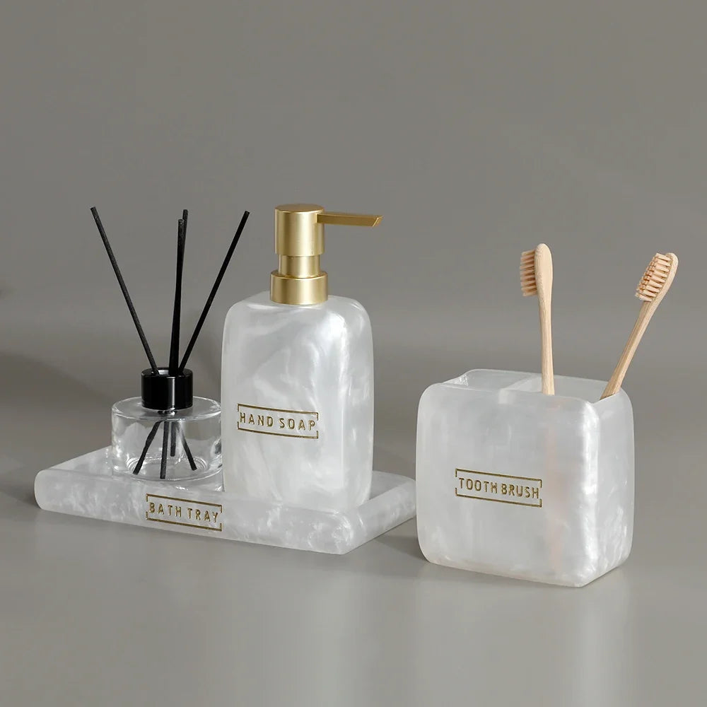 Bathroom Accessories White Pearl Look Bathroom Vanity Countertop Accessory Set,Soap Dispenser,Toothbrush Holder Set,Tray - view 4
