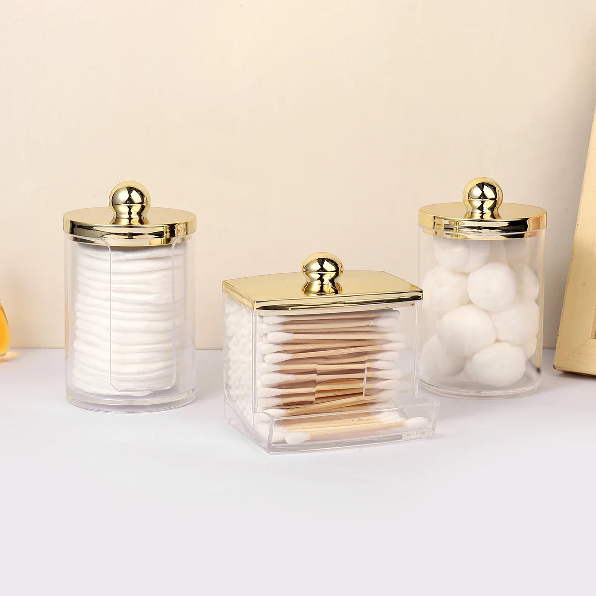 1/3 pcs Qtips Dispenser Bathroom Container with Golden Lid , 10 oz Cotton Ball Holder, Clear Plastic Apothecary Jar Organizer - view 4