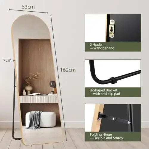Wall-Mounted Full Length Mirror 162x53cm, Black or Gold - Gold Arched
