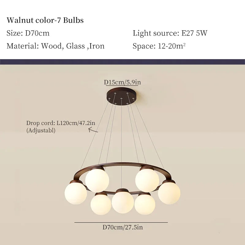 Wooden chandelier design for contemporary home decoration - Walnut D70 / White Light
