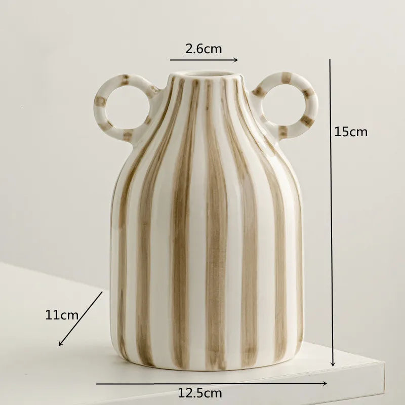 Double Ear Ceramic Vase, Abstract Black and White Striped Hydroponic Vase, Living Room Decoration, Room Aesthetic Decoration - C