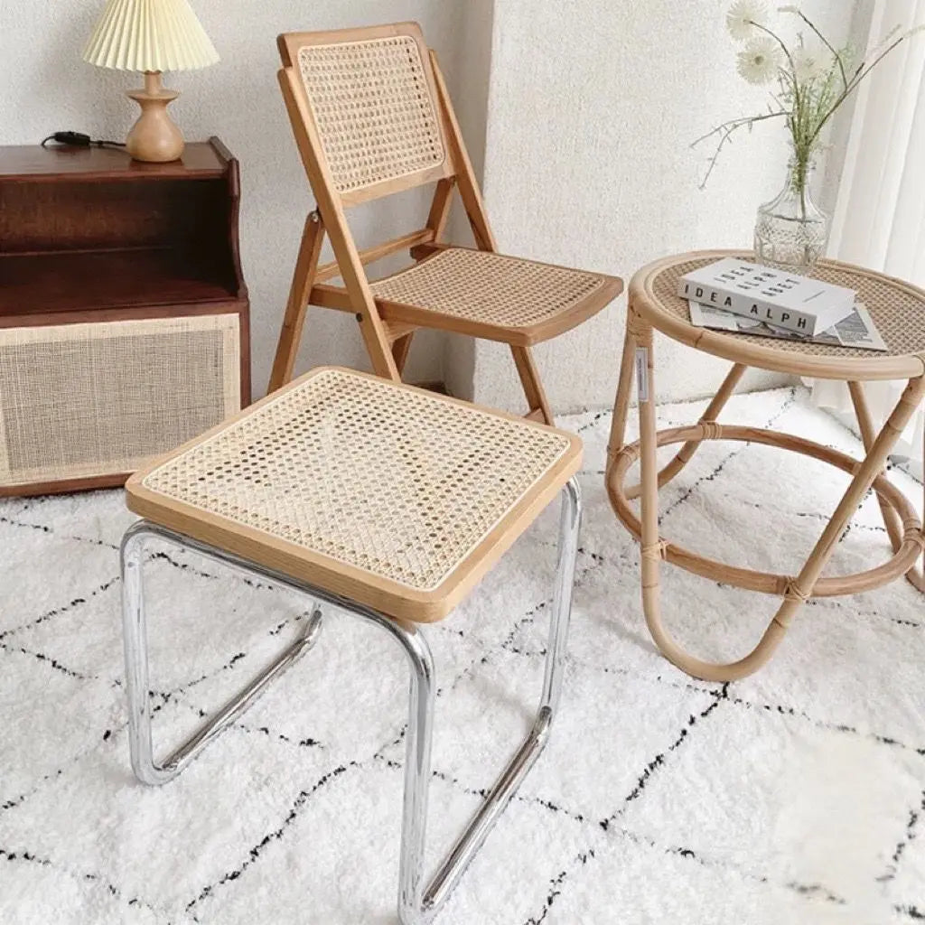 Old Japanese style rattan stool for living room or entrance - S-2 (40 x 40 x 45 cm)