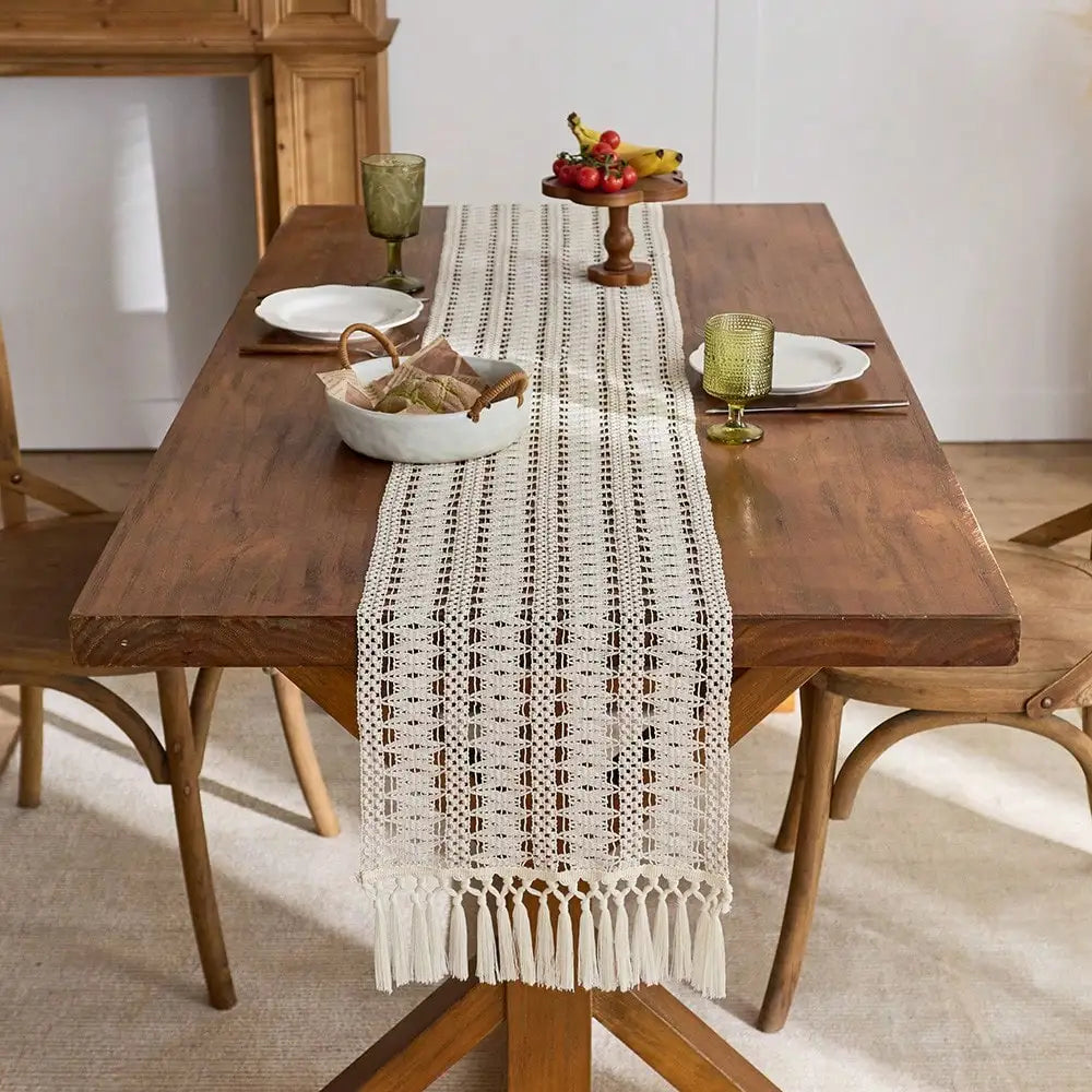 Artisanal Beige Bohemian Table Runner with Pom-Poms - view 5