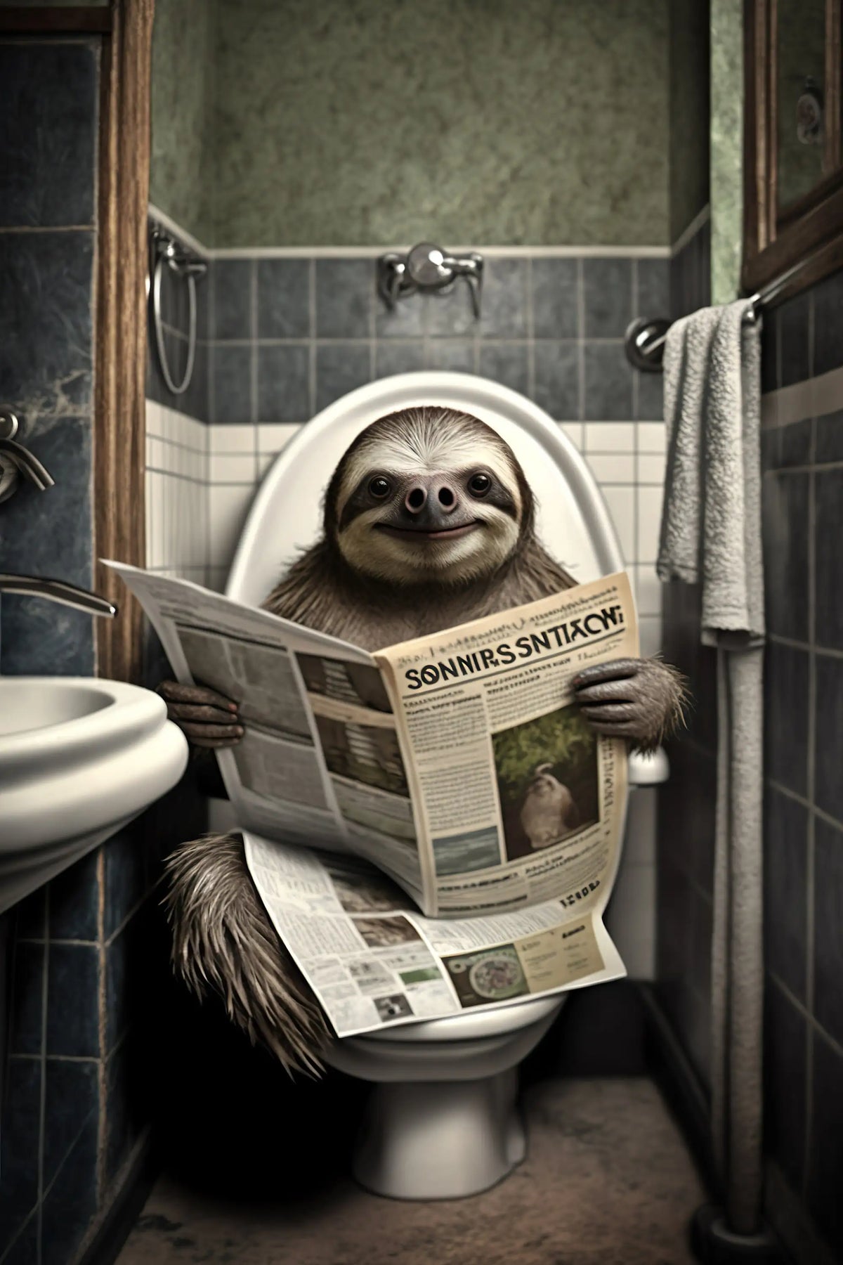 Humorous decoration with animals sitting on toilet - 13X18cm Unframed