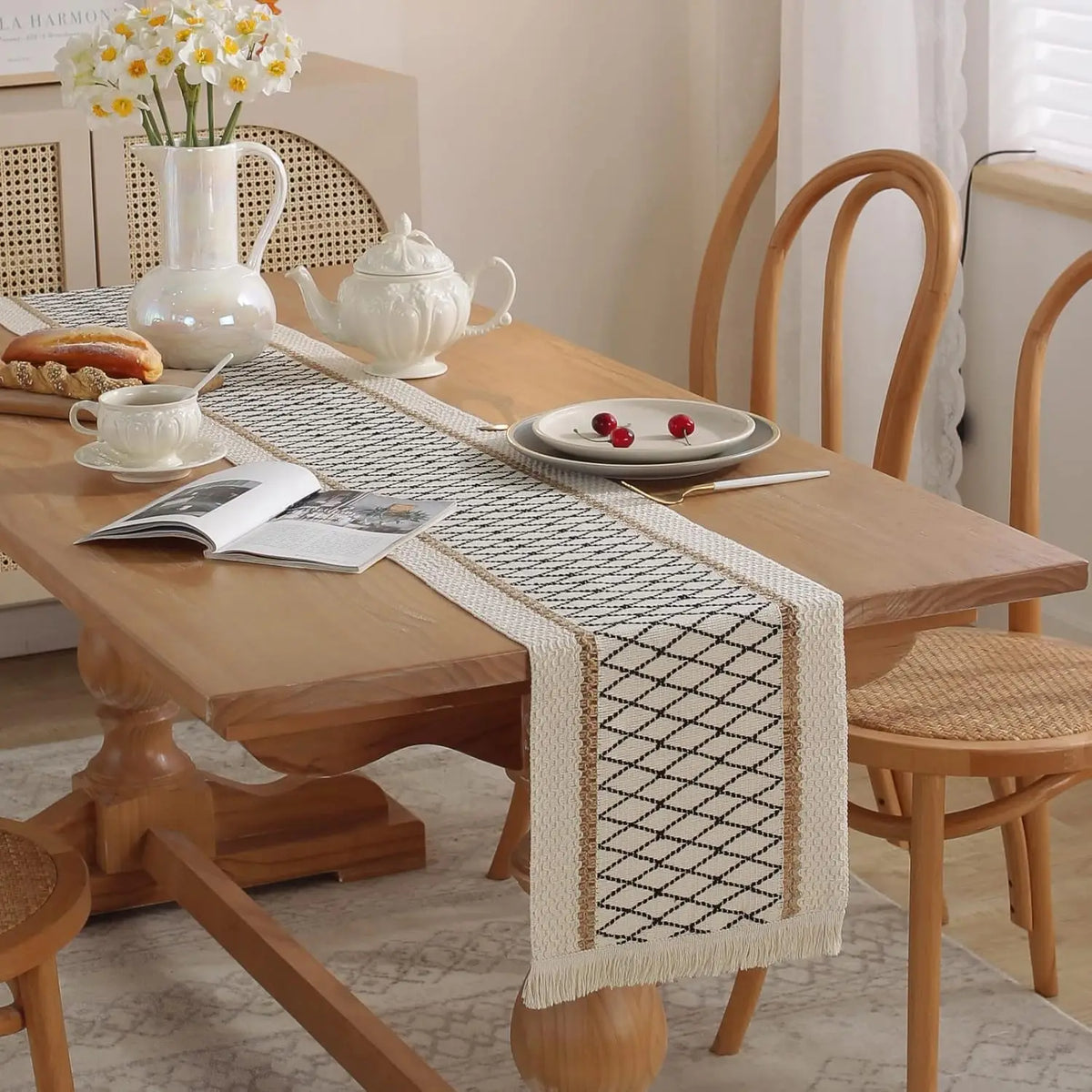 Beige Woven Geometric Bohemian Table Runner with Pom-Poms - view 5