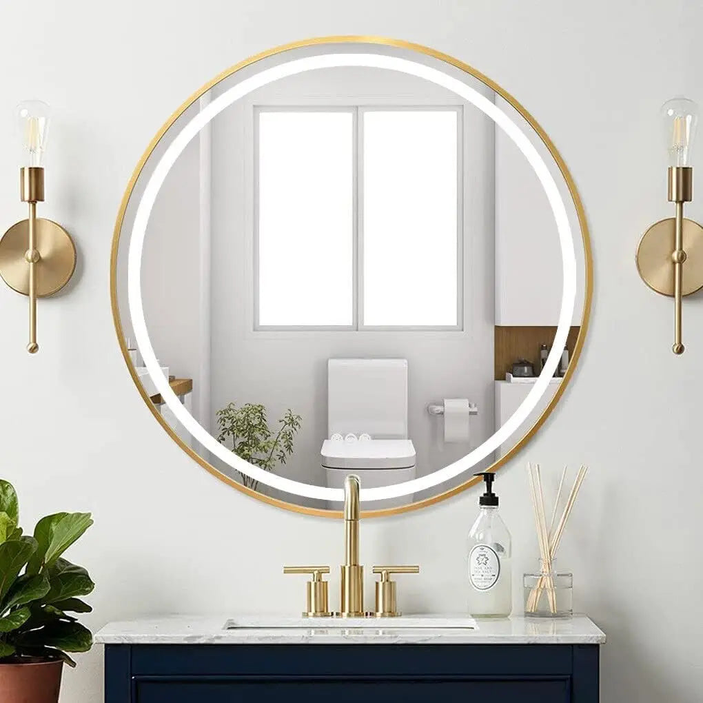 600mm Round LED Mirror Illuminated Lighted Wall Hanging Bathroom Mirror, Anti-fog, Golden/ Black Frame for Bathroom Entryway - view 2