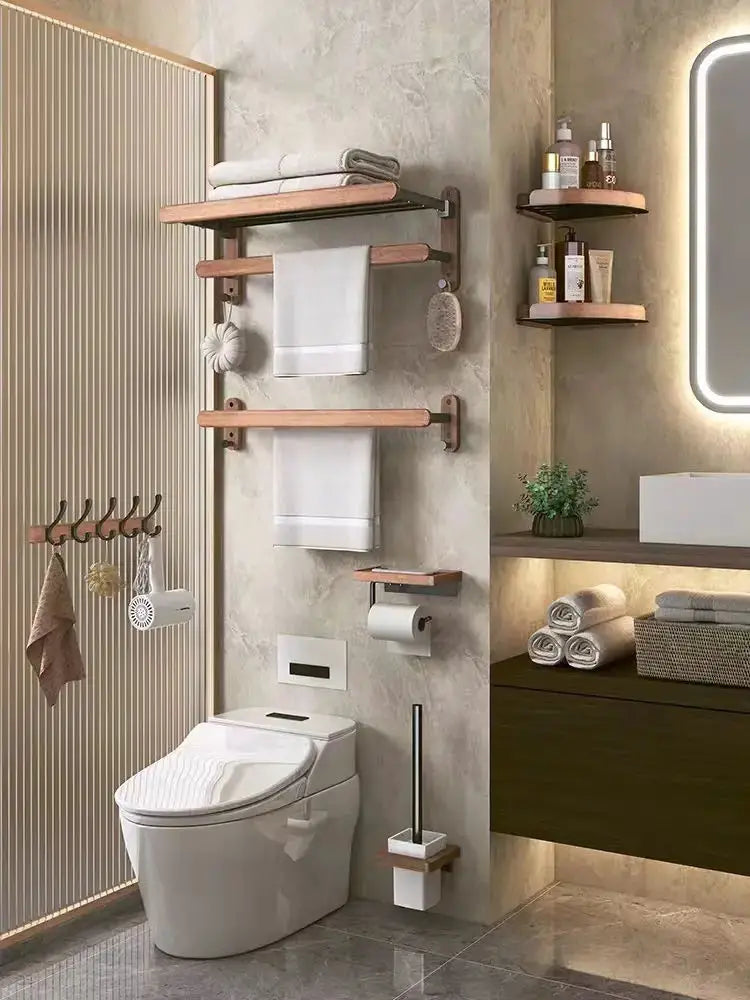 Wall-Mounted Toilet Brush Holder Set, Ceramic Base, Solid Wood, Luxury Bathroom Accessories, No Dead Corner - view 6