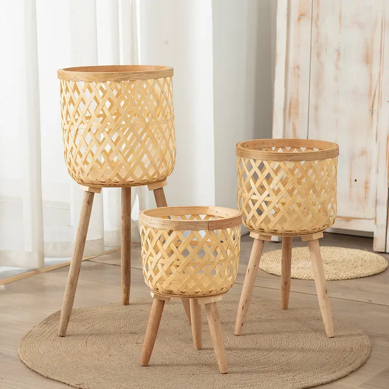Nordic style rattan even flower pot, indoor balcony, living room, plants, green ivy, hand ever wooden high legged floor flower - view 5