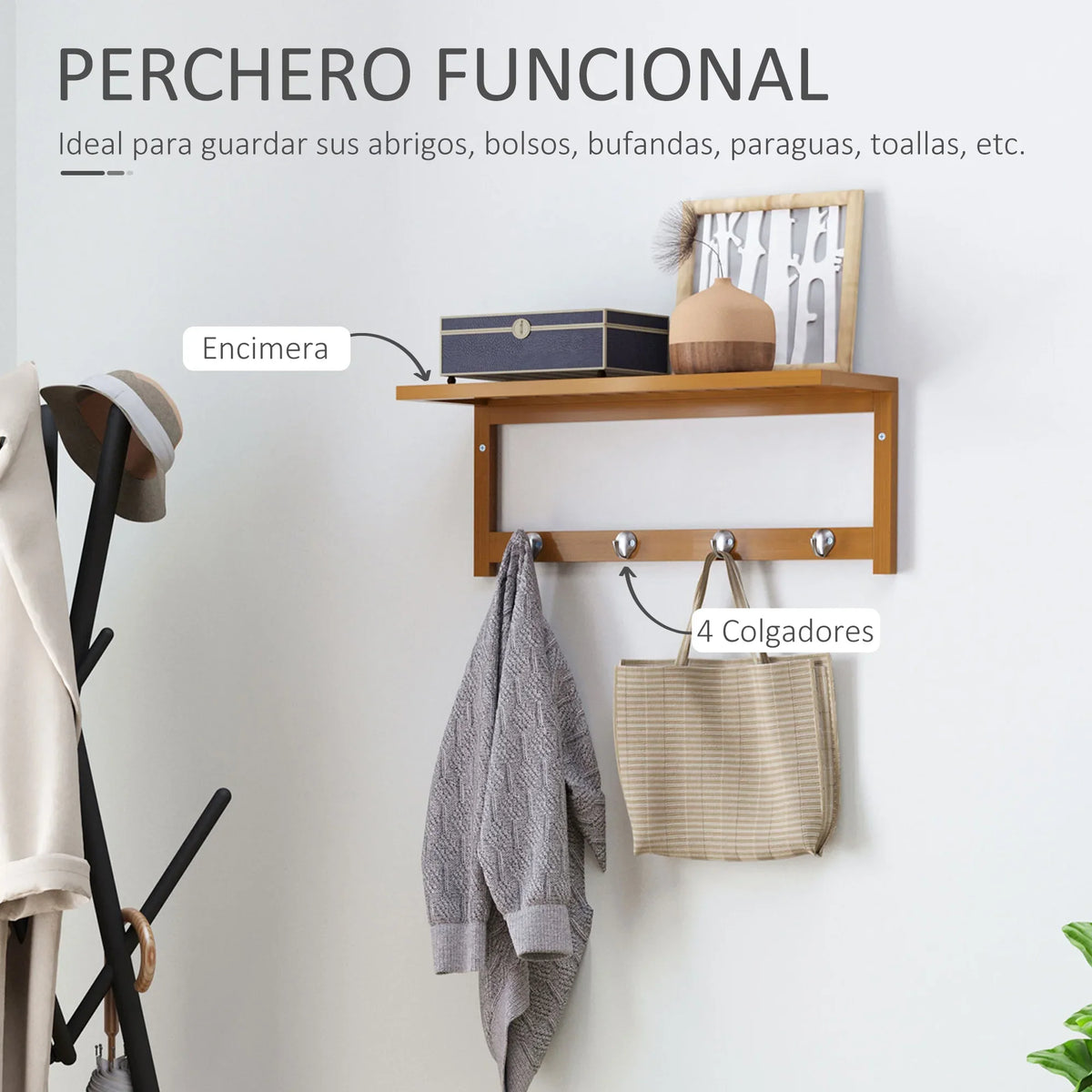 HOMCOM Wall hanger bamboo 4 hooks rack Wall towel rack 50x16x17,5cm - view 4