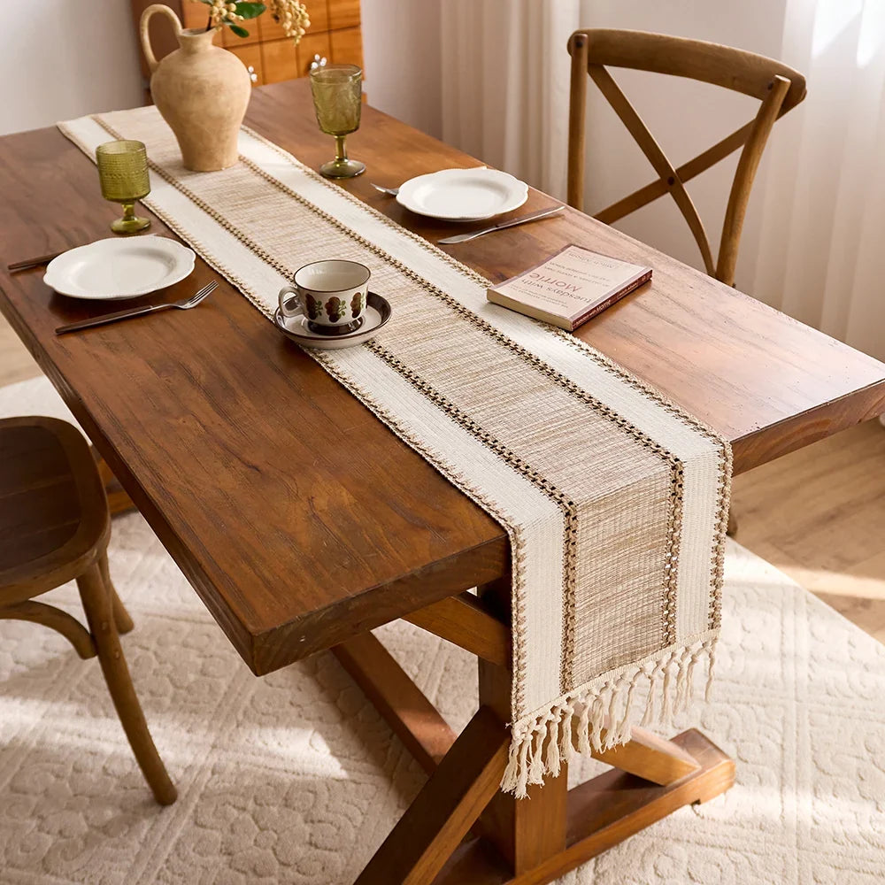 Green striped table runner bohemian pom-poms - view 3