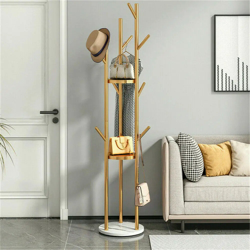 Marble Metal Coat Rack Freestanding with 3 Storage Shelves and 9 Hooks, Enterway Hall Tree for Hanging Coats, Jackets, Hats, Bag - view 2
