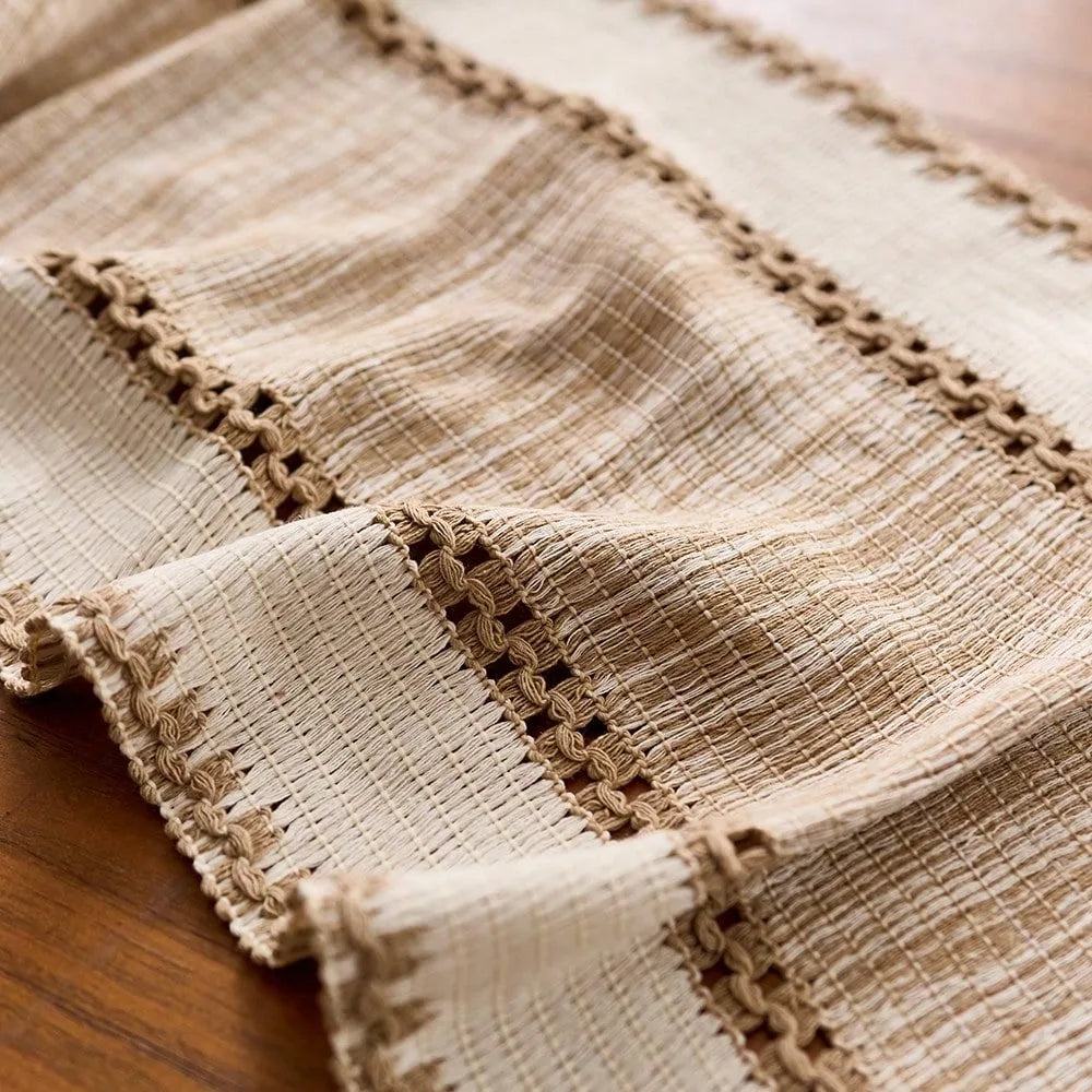 Green striped table runner bohemian pom-poms - view 6