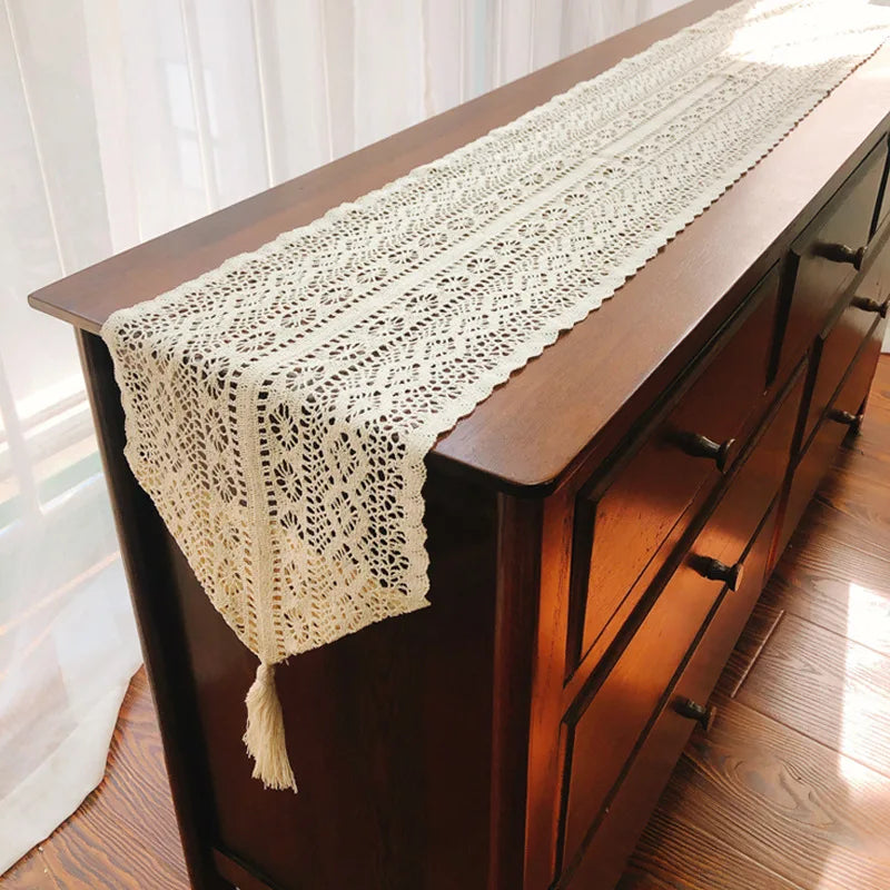 Table runner lace crochet bohemian pom-poms beige - view 6