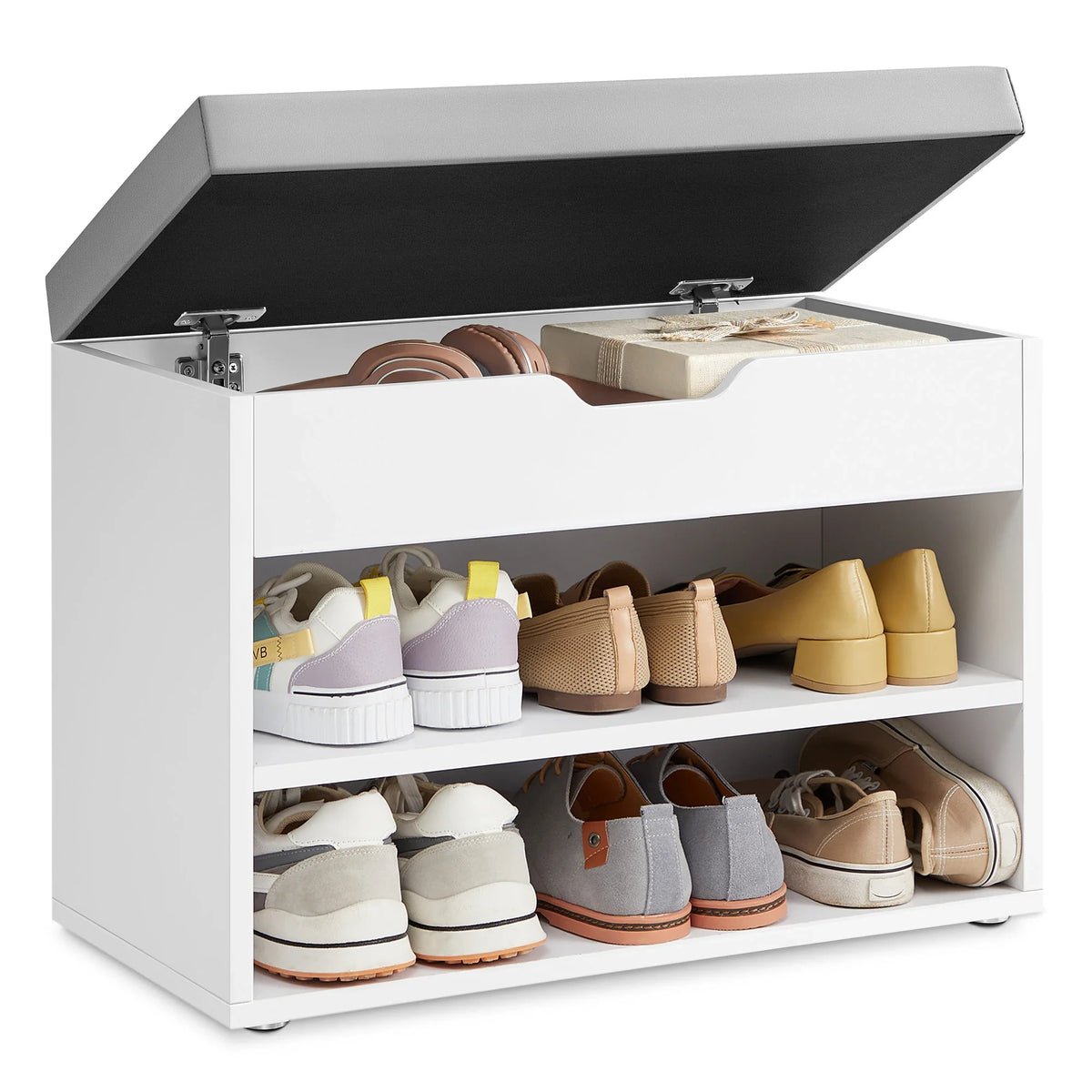 VASAGLE Shoe Bench, Bench, Shoe Rack with Padded Cushion, Shoe Organiser with 3 Levels, 30 x 60 x 44 cm, for Hallway - White