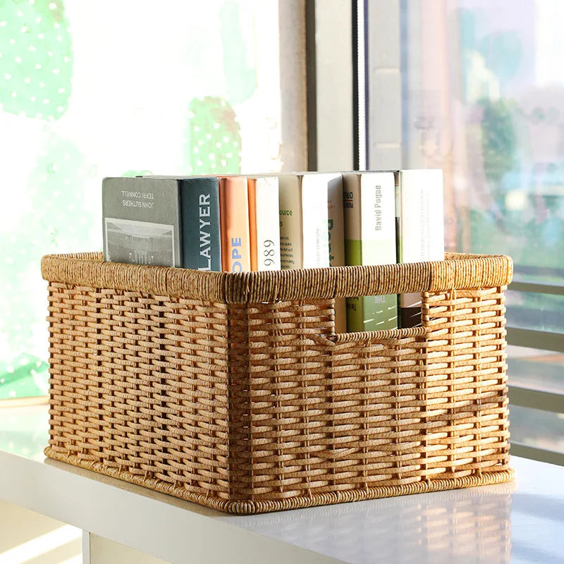 Strong Rectangle Woven Storage Basket with Handles, Waterproof Plastic Baskets for Home Toy Storage, Nest - view 6