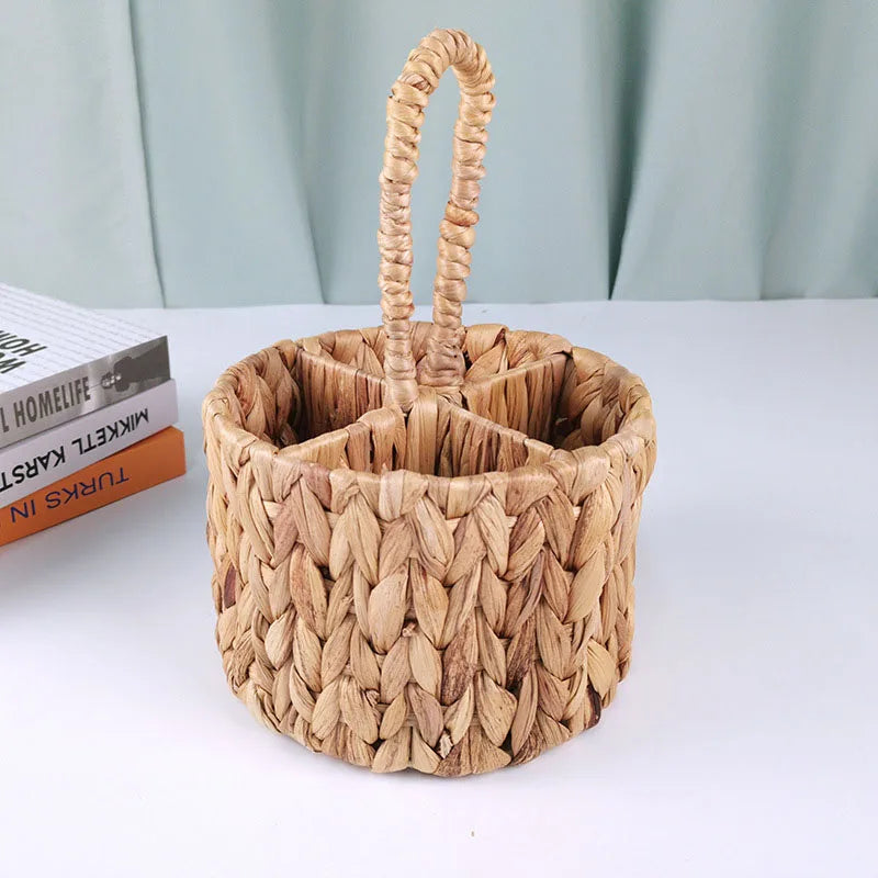 Wicker Flatware Organizer, Hand Woven Water Hyacinth Cutlery Holder for Countertop with Handle - view 3