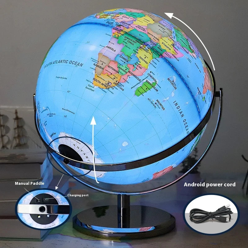 Globe rotating educational light in English for geography