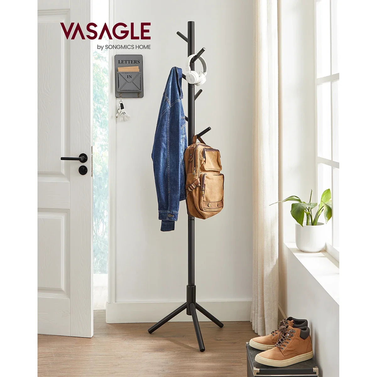 Black and Khaki Tree-Shaped Coat Rack with 8 Hooks and 3 Heights