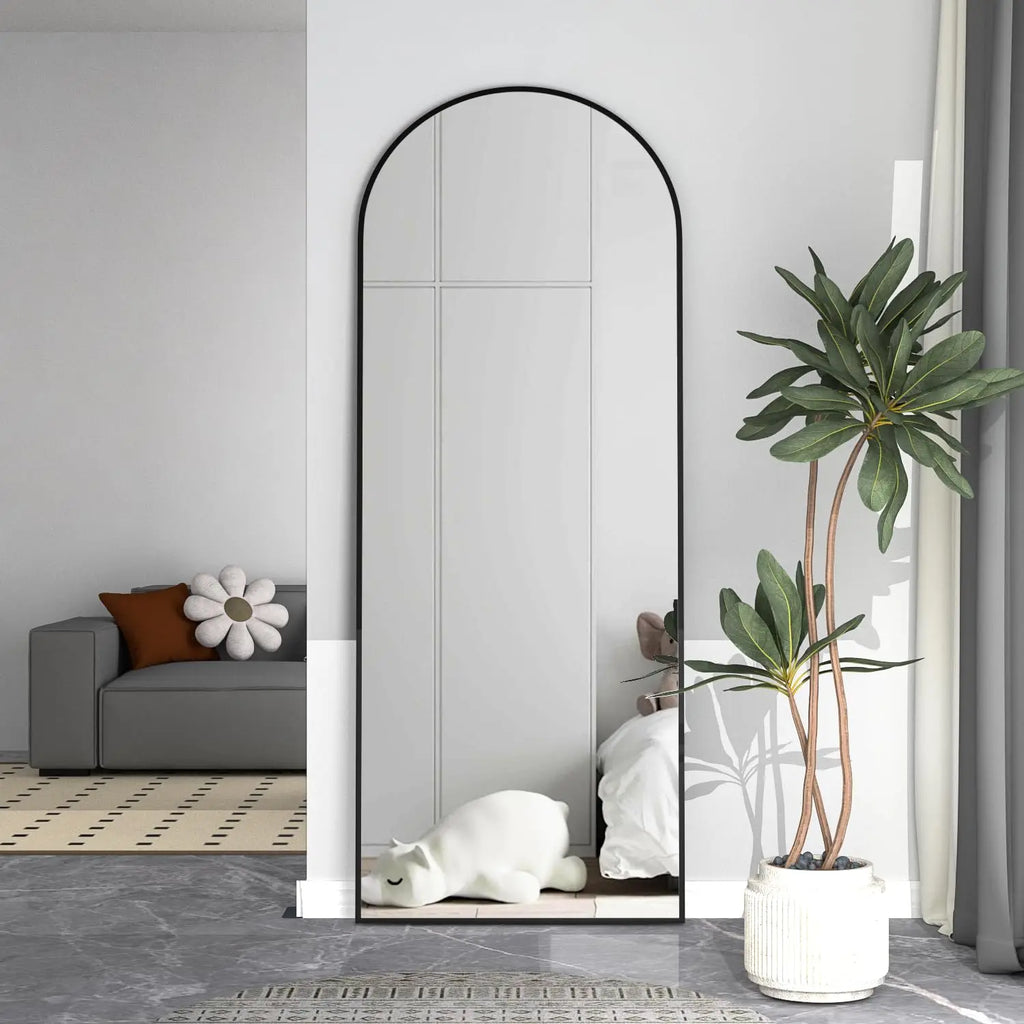 CASSILANDO Arched Full Length Mirror 64" x 21", Floor Standing Mirror, Unique Vertical Mirror, Gold Metal Frame Mirror - Black