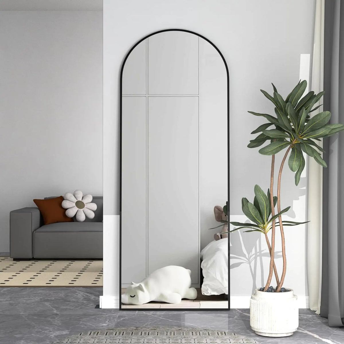 CASSILANDO Arched Full Length Mirror 64" x 21", Floor Standing Mirror, Unique Vertical Mirror, Gold Metal Frame Mirror - Black