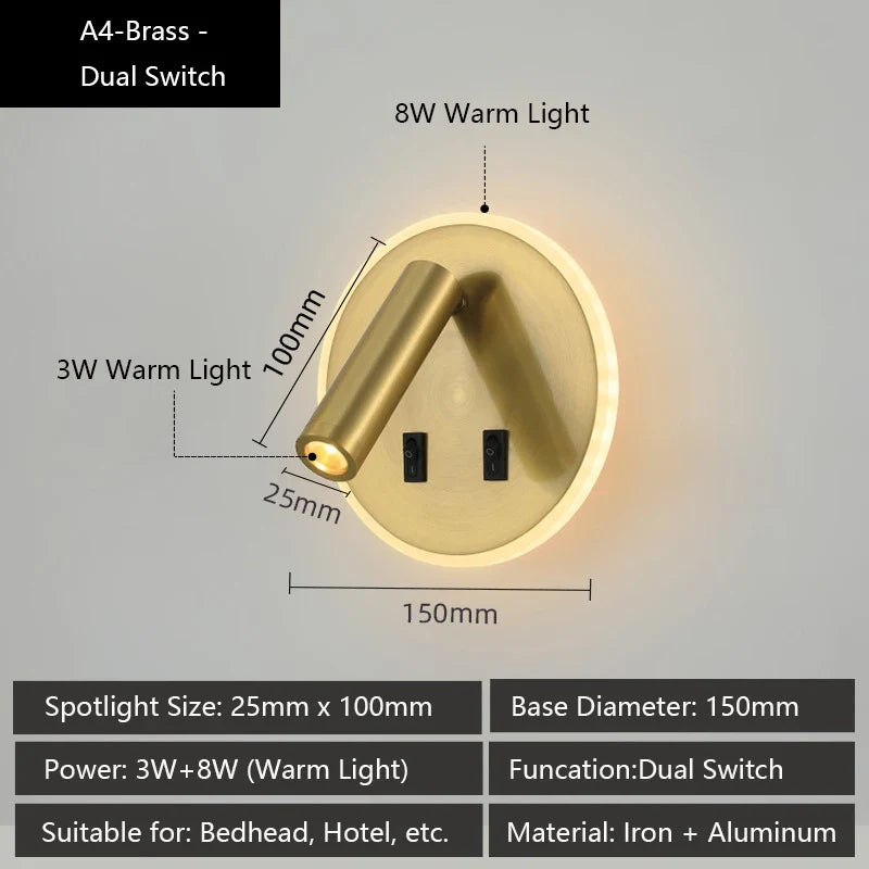 Modern wall sconce with usb ports and adjustable reading lamps - Warm White (2700-3500K) / A4 / LED 3W and 8W