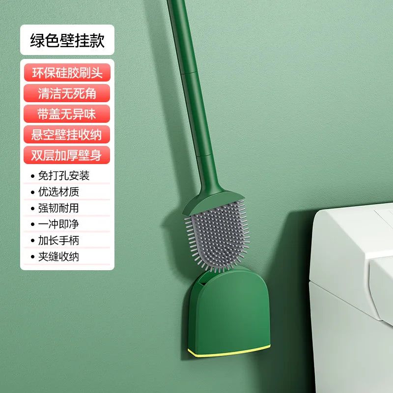 Silicone toilet brush with hanging holder and long handle - Green