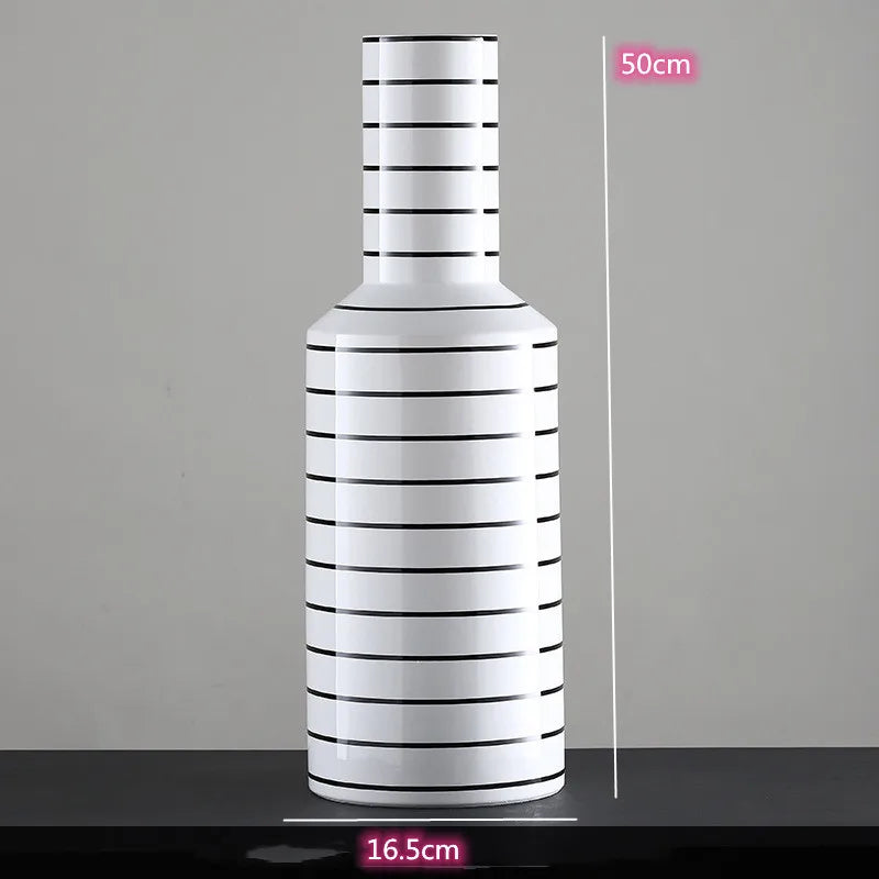 Black and White Striped Ceramic Vase, Flower Pot Decoration, Home and Living Room Decoration, Creative Geometric Striped Vase - C