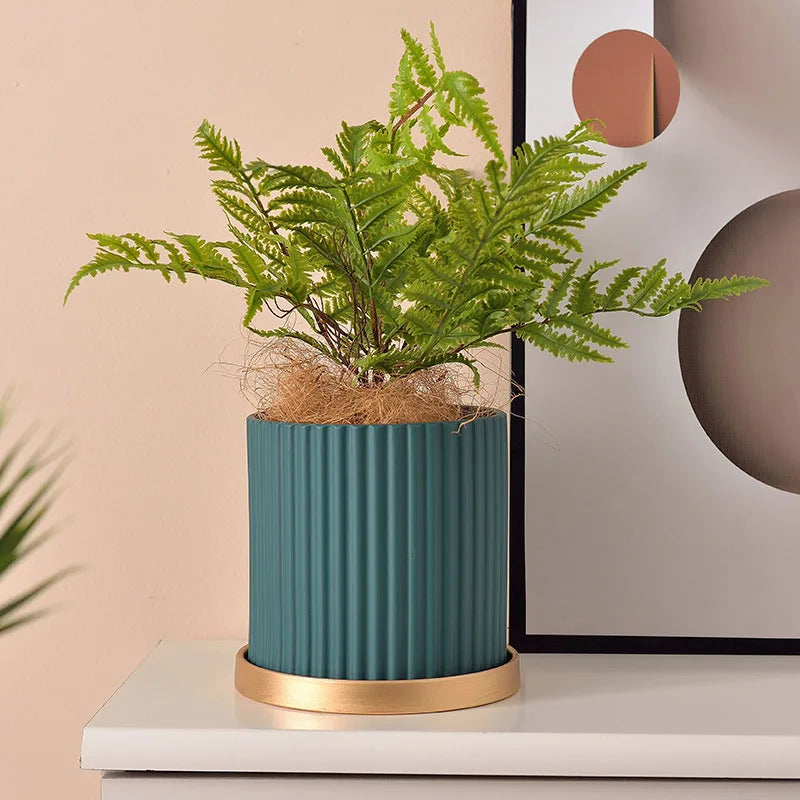 Ceramic flower jar vertical lines for indoor plants - view 3