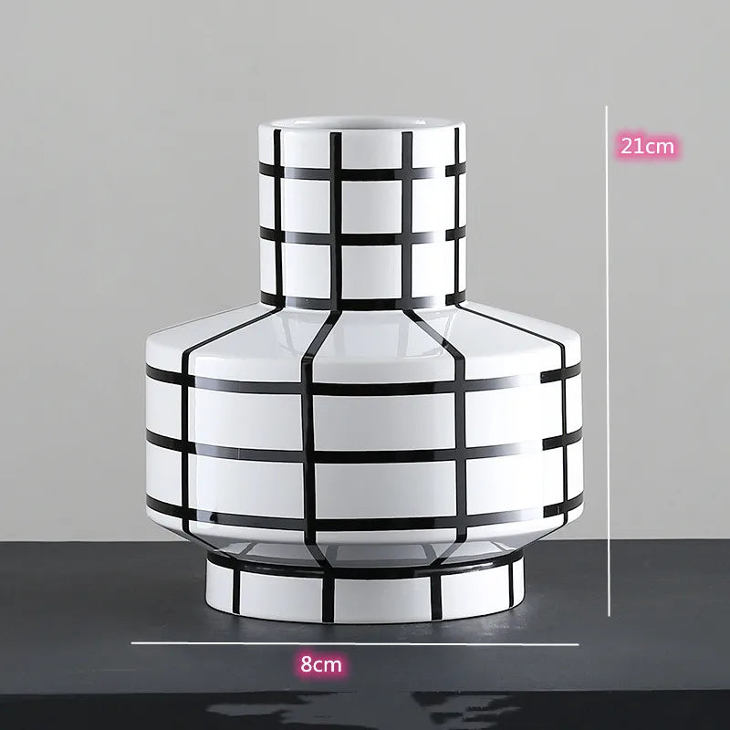 Black and White Striped Ceramic Vase, Flower Pot Decoration, Home and Living Room Decoration, Creative Geometric Striped Vase - W