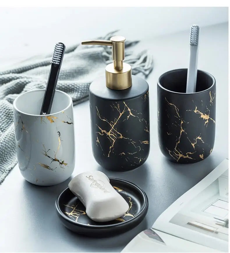 Black Marbled Bathroom Accessories Set, Ceramic Soap Dispenser, Toothbrush Holder, Box, Decoration - view 2