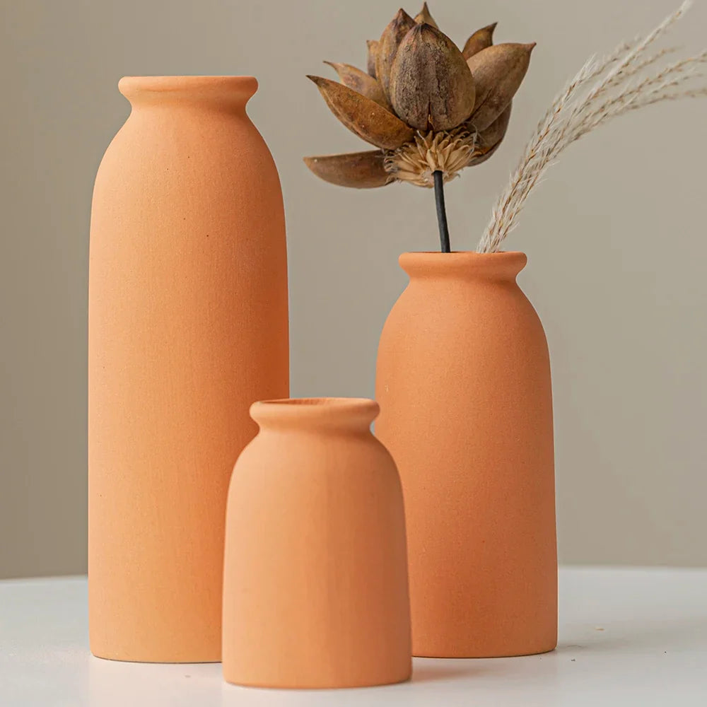 Ceramic Vase,Small Vases for decor,Set 3 Modern Boho Vases for Flower Pampas,Fit for Living Room Desk Shelf decor - Orange