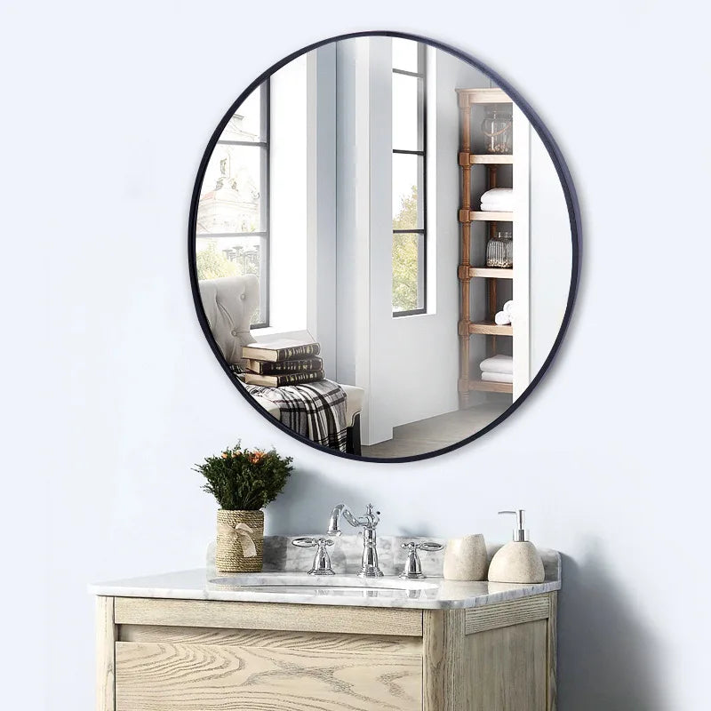 Modern round mirror with aluminum frame for wall decoration - Black 40cm