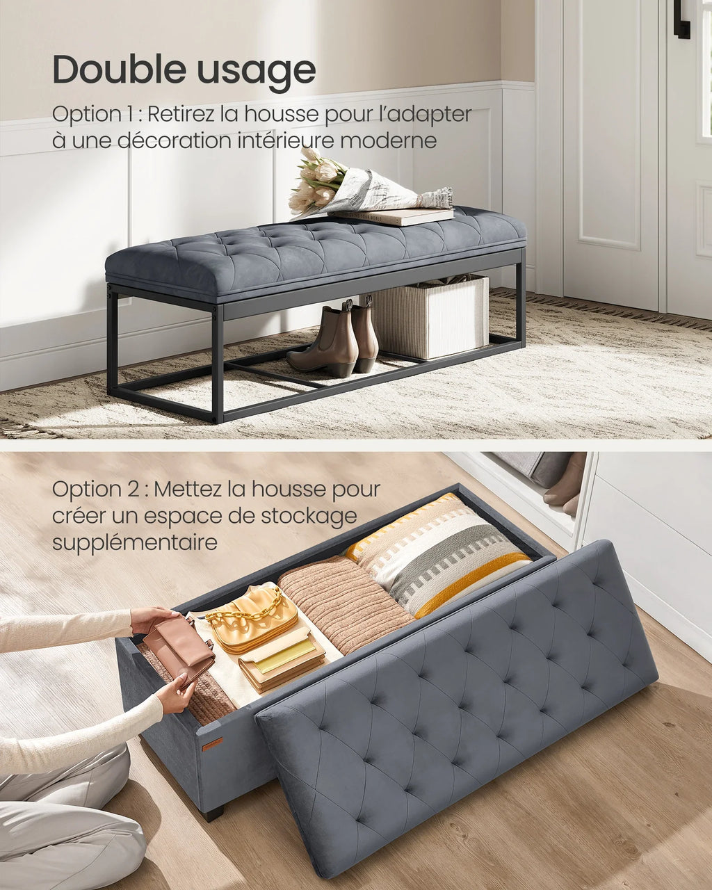 SONGMICS Stool with Storage Space, Bench with Legs, 40 x 110 x 40 cm Footstool, Storage Box, Maximum Load 300 kg - view 3