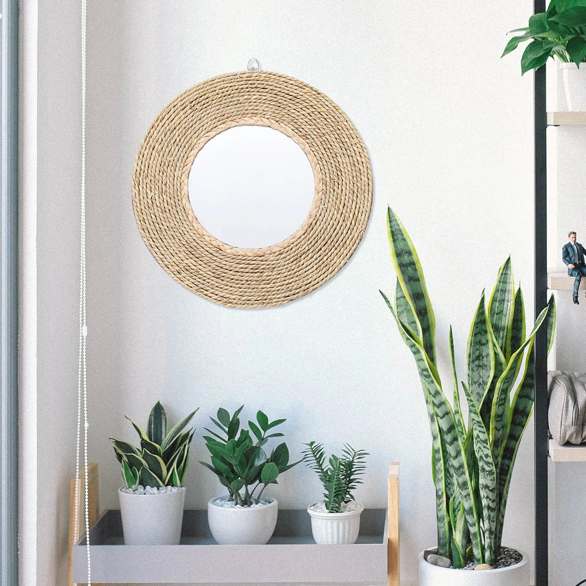 Decorative round boho wall mirror in vintage rattan - view 3