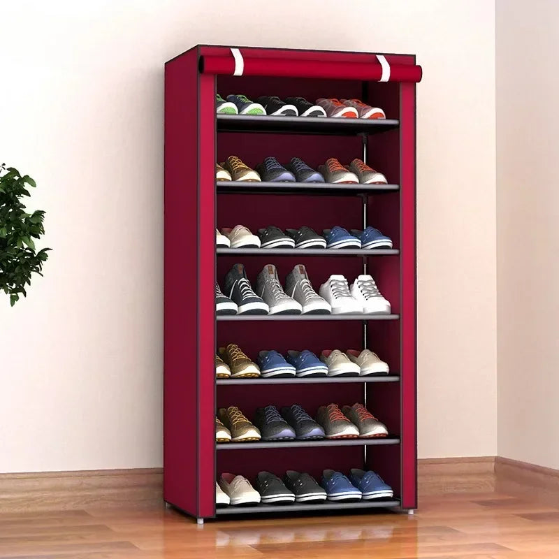 Multilayered shelf with economical and practical dust resistant shoes