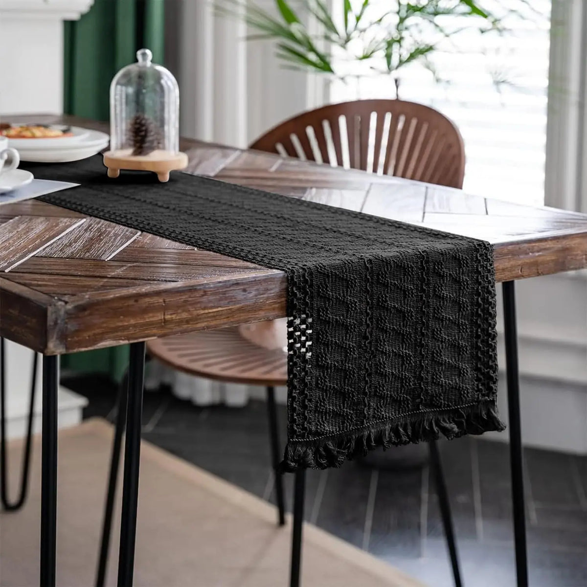 Sophisticated Beige Geometric Table Runner with Pom-Poms - 30X50cm