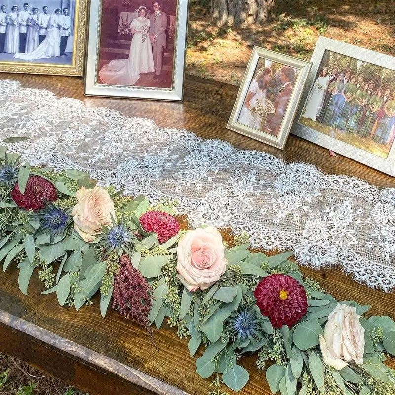 White Floral Lace Boho Table Runner, 36 x 300 cm, Design 1 - view 3