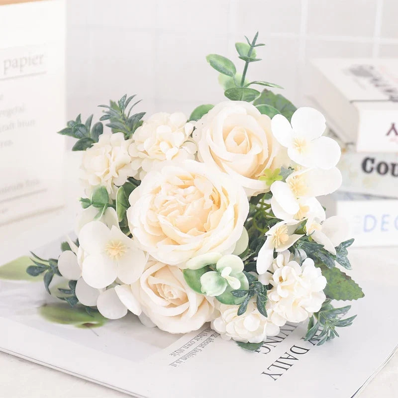 Artificial flowers silk peony hortensia decoration wedding bouquet - White 2