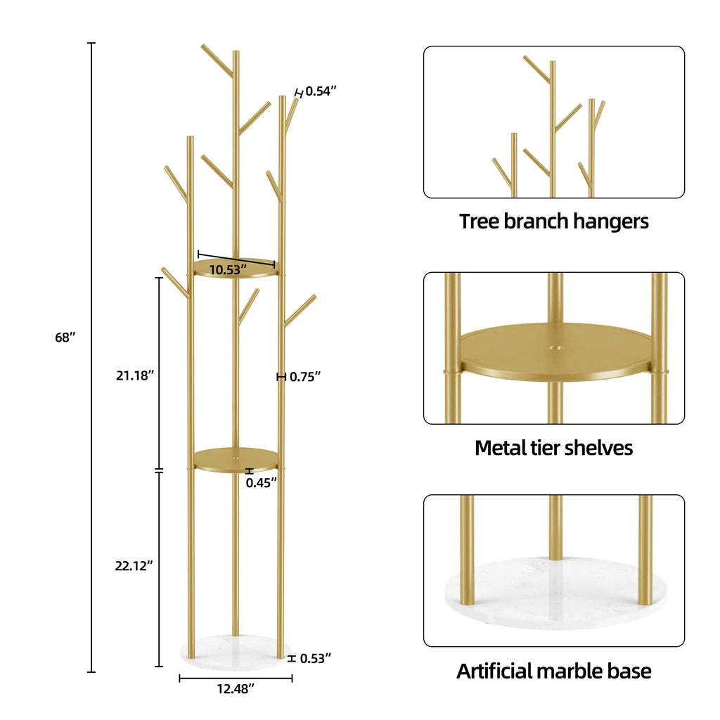 Marble Metal Coat Rack Freestanding with 3 Storage Shelves and 9 Hooks, Enterway Hall Tree for Hanging Coats, Jackets, Hats, Bag - view 6