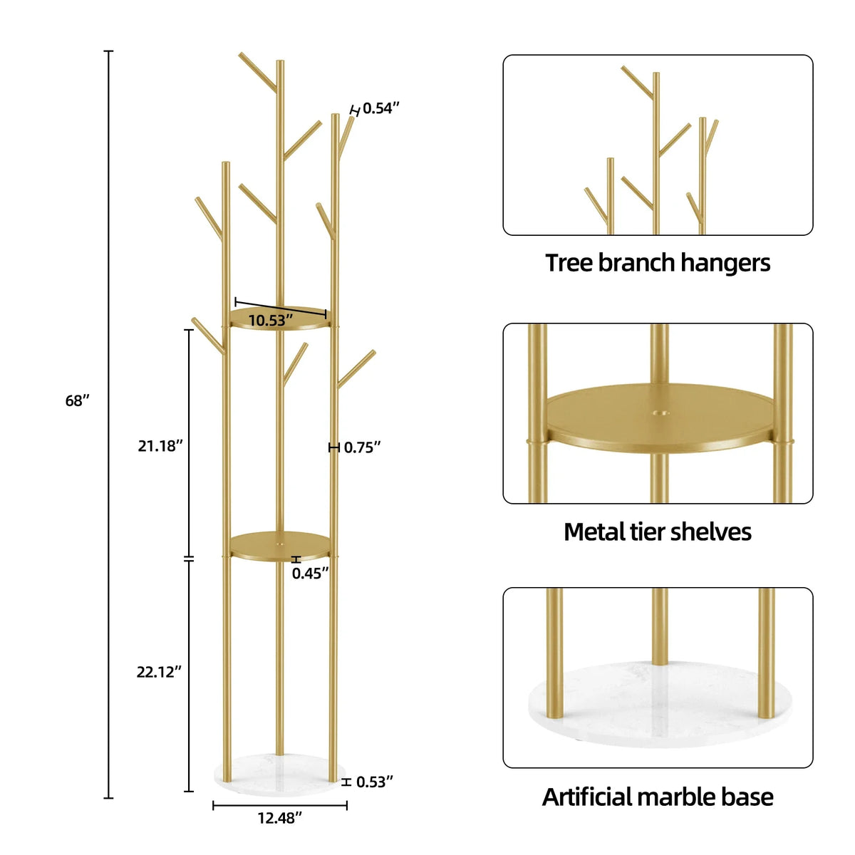 Marble Metal Coat Rack Freestanding with 3 Storage Shelves and 9 Hooks, Enterway Hall Tree for Hanging Coats, Jackets, Hats, Bag - view 6