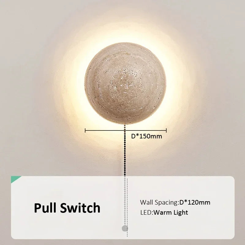 Modern wall sconce in limestone for bright interior decoration - Pull Switch / D150mm / Warm White