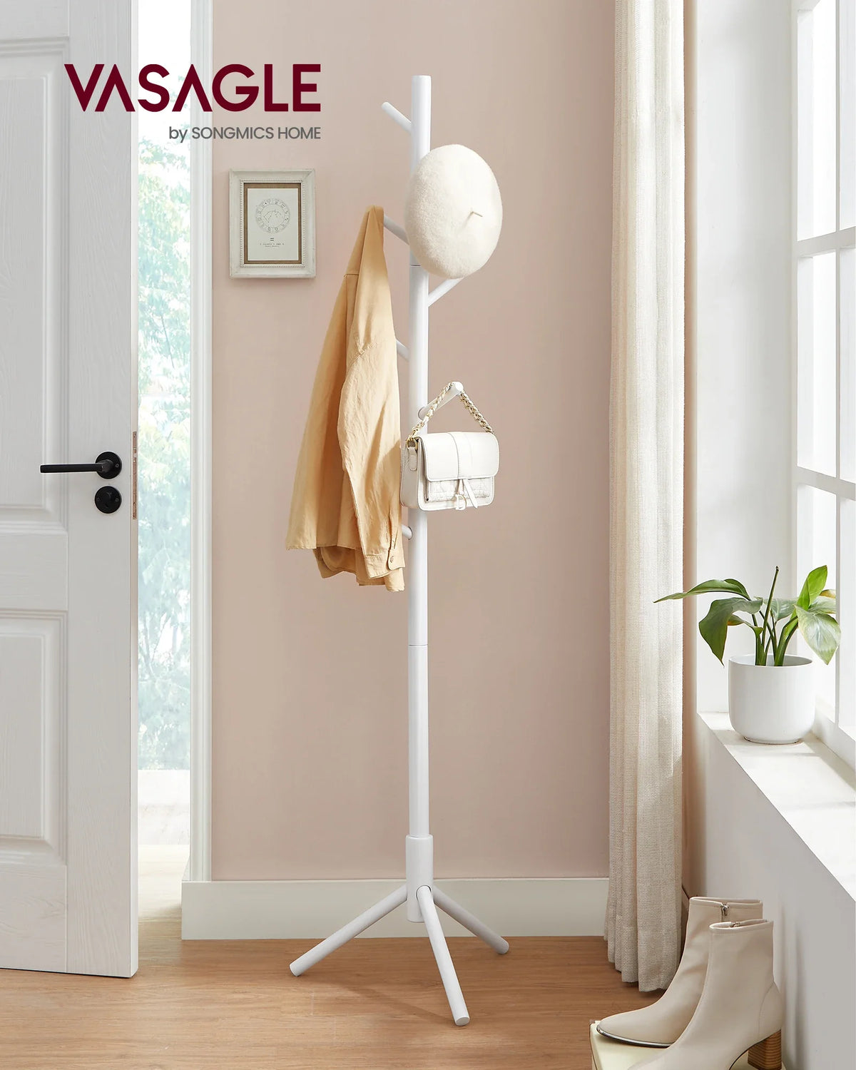 White Solid Wood Tree Coat Rack with 8 Hooks and 3 Heights