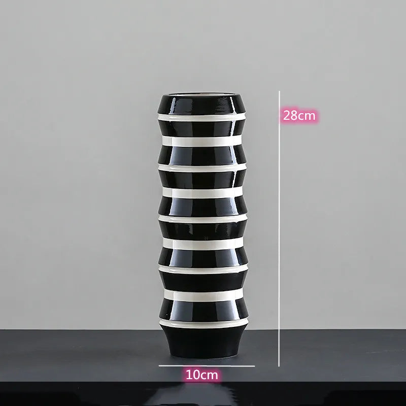 Black and White Striped Ceramic Vase, Flower Pot Decoration, Home and Living Room Decoration, Creative Geometric Striped Vase - F