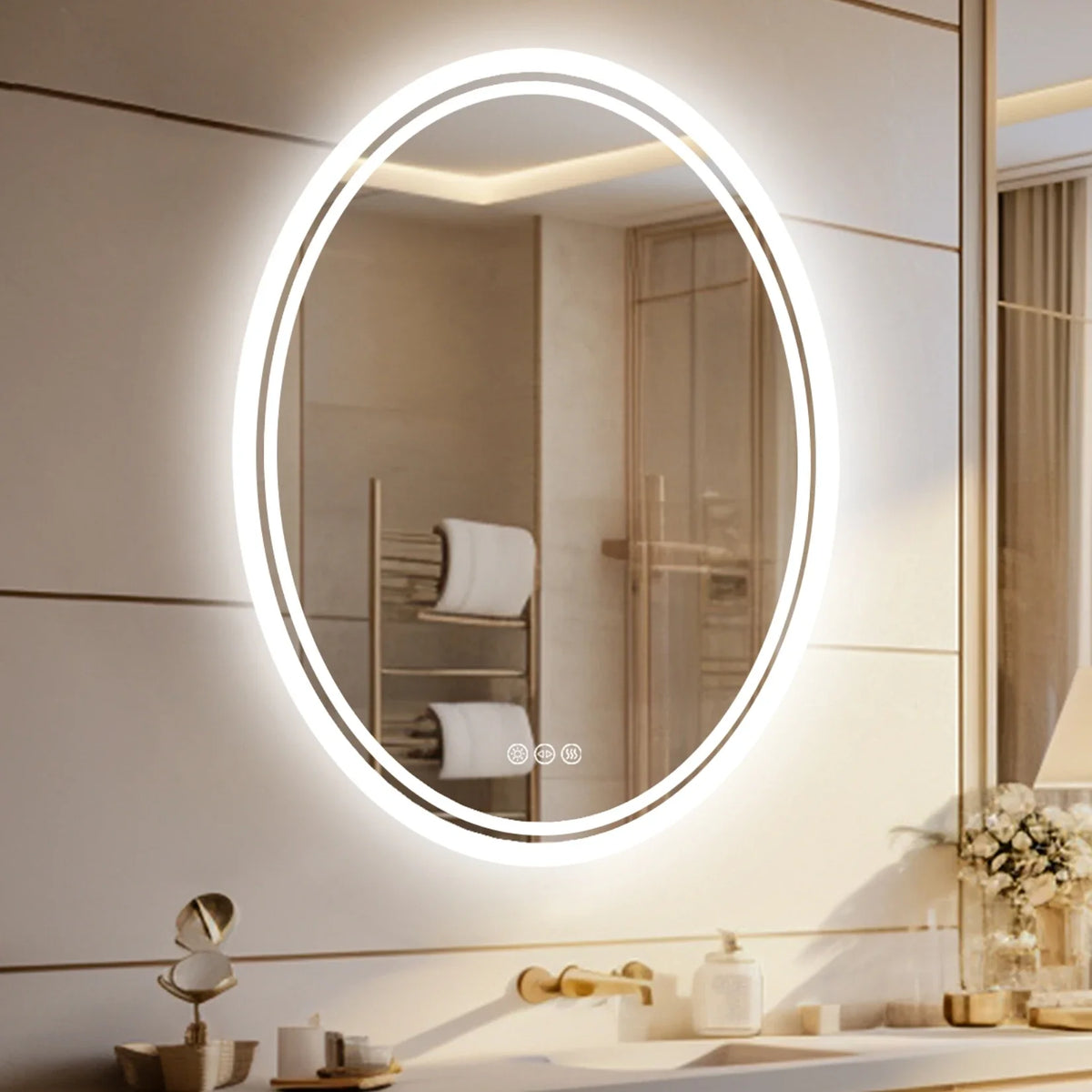 Light-filled oval mirror with anti-fog function and adjustable lighting