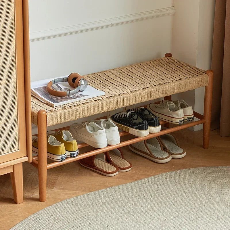 Shoes stool in solid wood braided in retro style rattan - view 2