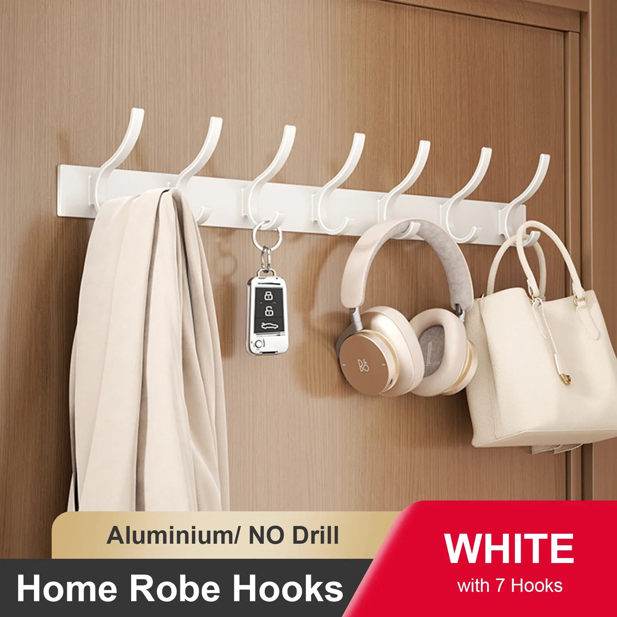 Wall adhesive hook for clothes and towels without drilling - White 7 Hooks
